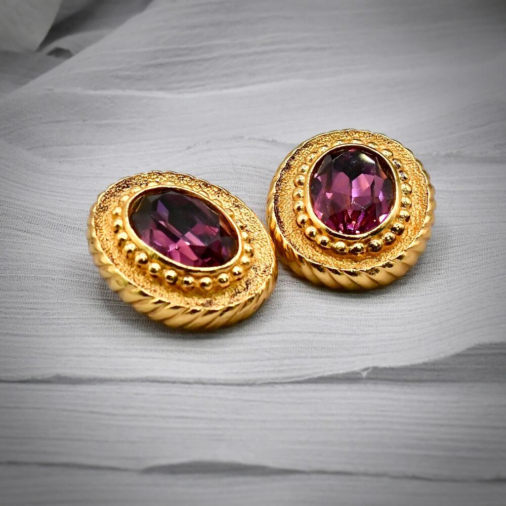 Vtg 1980s Christian Dior Chunky Gold Ribbed Amethyst Purple Glass Clip Earrings